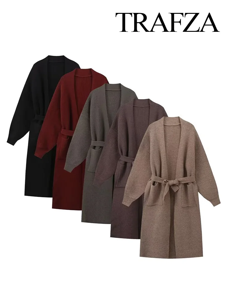 TRAFZA осенний женский однотонный пояс с украшением вязаный кардиган длинными