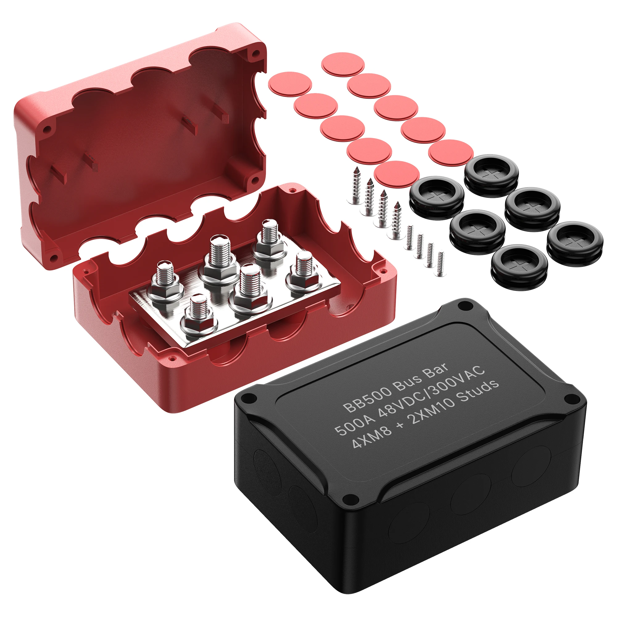 

New Design Waterproof Bus Bar 500A 48VDC Heavy Duty Power Distribution Terminal Block 2X3/8''(M10)+4X5/16''(M8) Studs with Cover