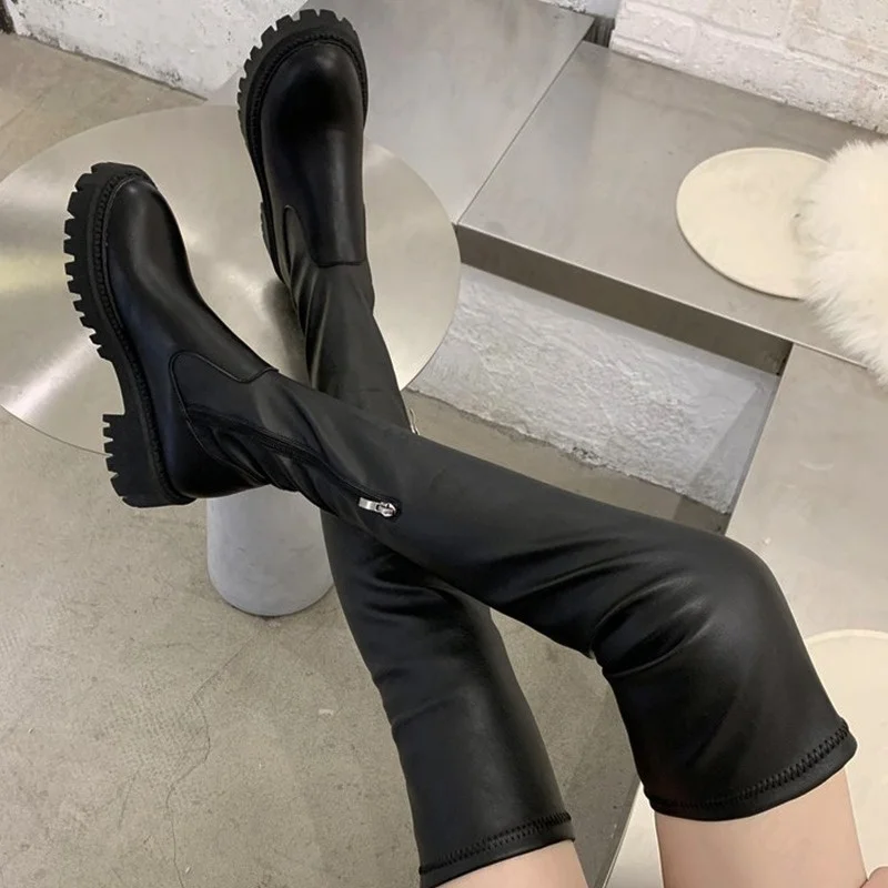

Женские сапоги выше колена, мотоциклетные сапоги Челси на платформе, зимние сапоги-гладиаторы из искусственной кожи, обувь на высоком каблуке, 2022