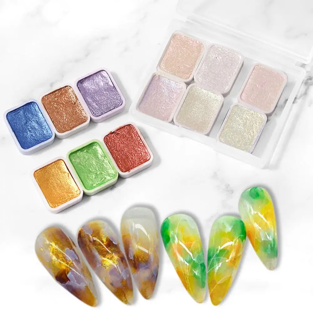 6Pcs/Box Nail Solid Pigment Colorful Nail Art Decor Top Coat Watercolor Metallic Pigment Nail Drawing Polish Nail Supplies