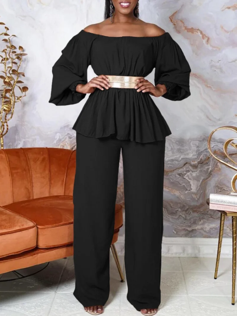 2 Piece Women Set 2023 New Arrival Summer Matching Sets Pleated Off The Shoulder Top And Pants Suits Outfits Clothing And Belt