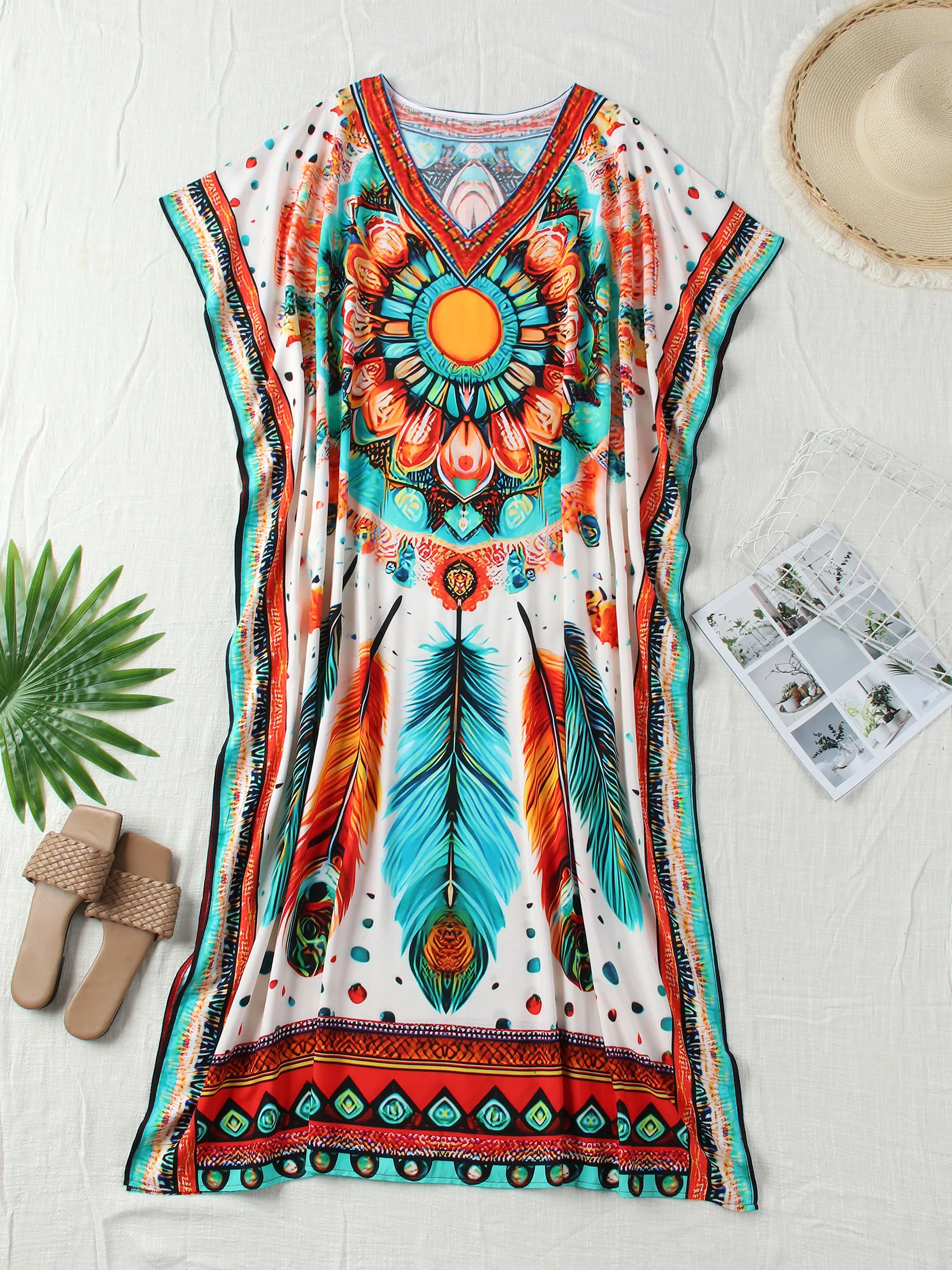 Женское летнее платье-кафтан с рукавом летучая мышь и V-образным вырезом