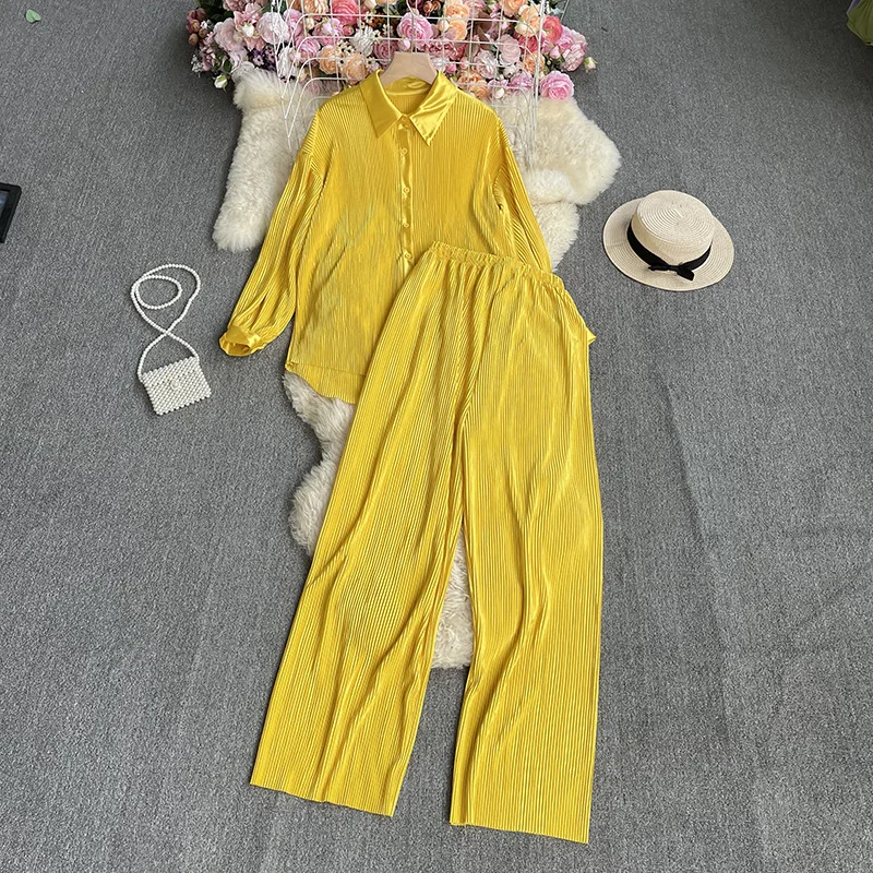 Pleated Women Pajama 2 Pcs With Pants Long Sleeve Spring Ladies Sleepwear Turn Down Collar Single Breasted Pijama Suit Female