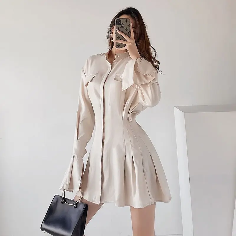 

Dresses For Women 2022 O-Neck Long Sleeve Shirt Dress Pleated Solid Color Stain Retro Ins Fashion Flare Sleeves Woman Cloth