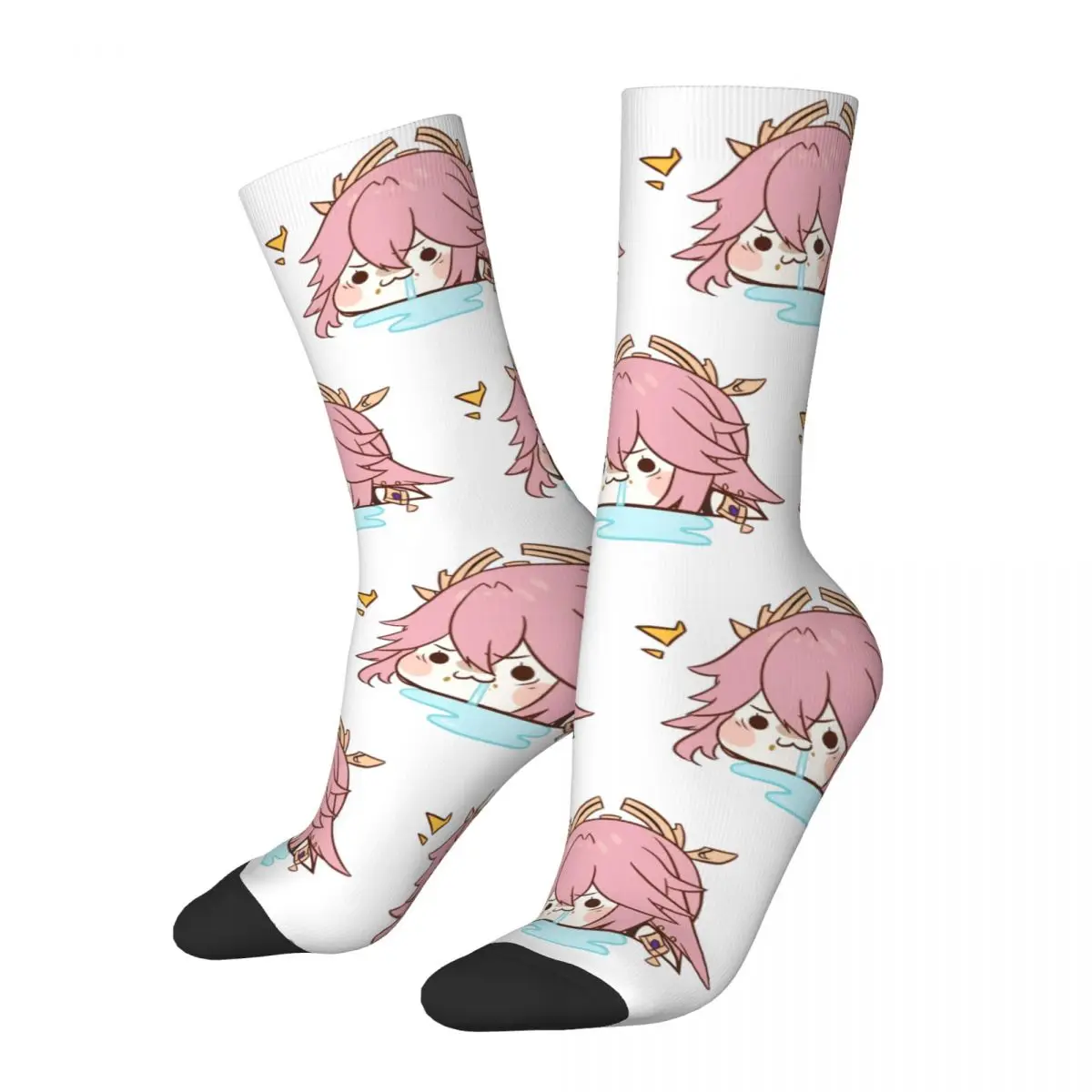 

Funny Crazy Sock for Men Yae Miko Drooling Chibi Hip Hop Vintage Genshin Impact Game Pattern Printed Boys Crew Sock Novelty Gift