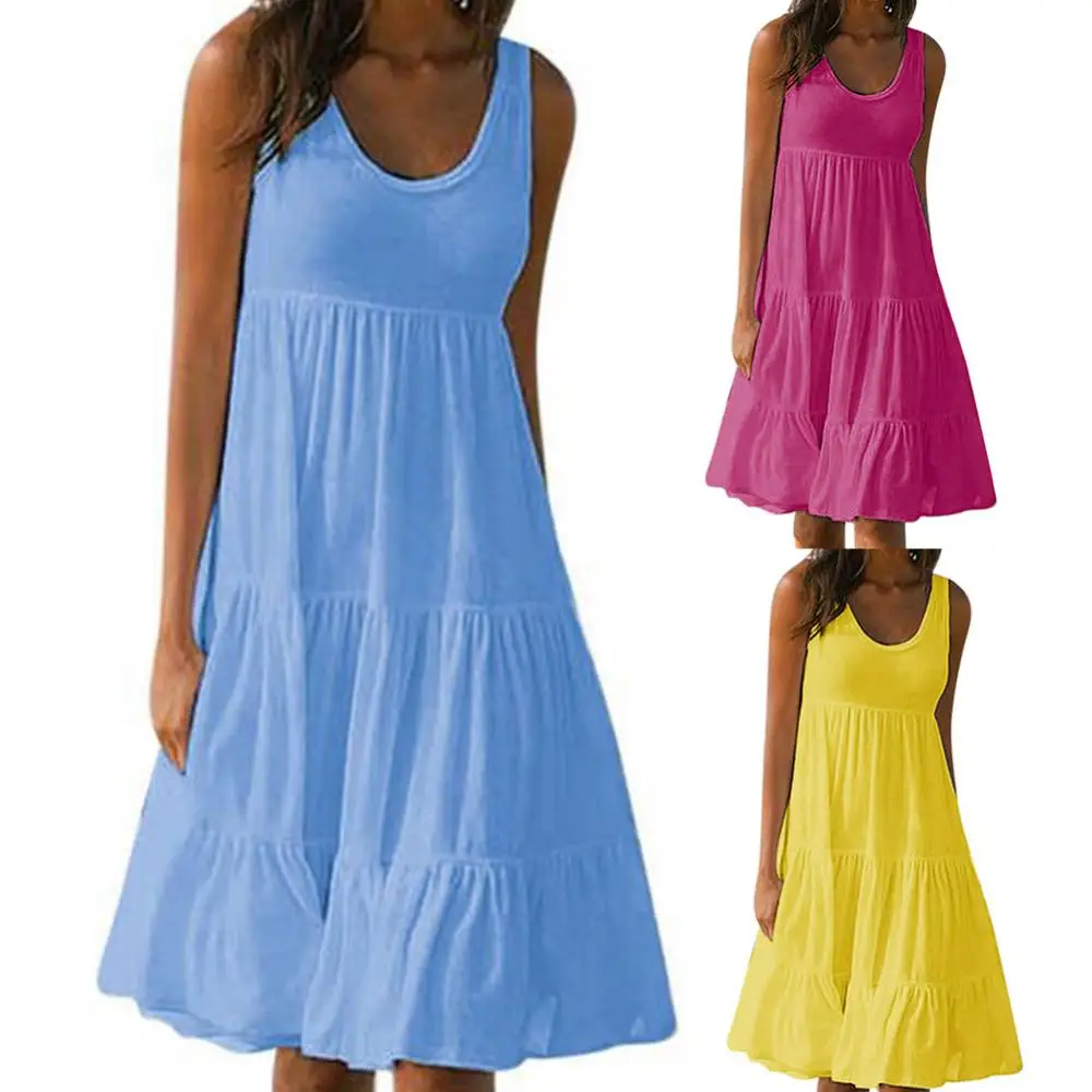 

Sleeveless Solid Color Plus Size Women Pleated Dress O Neck Stitching A-line Dress