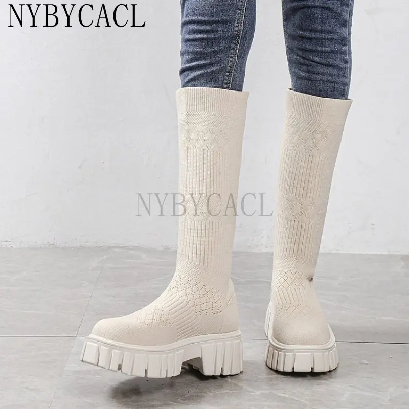 Sexy Women Knee-high Platform Boots Autumn Winter Slip-on Stretch Long Modern Boots Female All-match High-top Elastic Shoes New