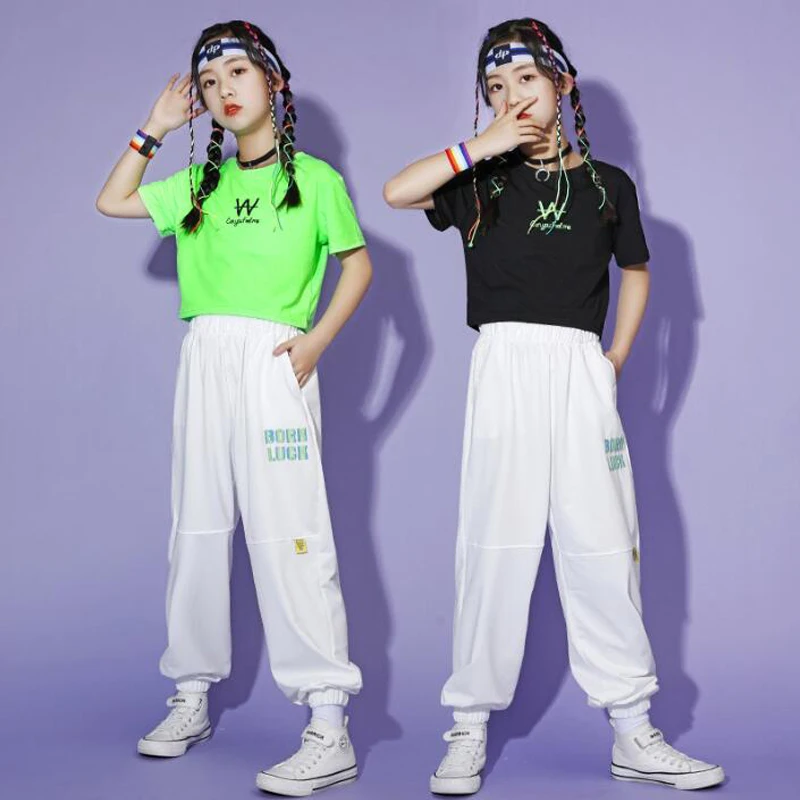 

Kid Kpop Hip Hop Dancing Clothing Crop Tops T Shirt Tee Streetwear Split Sweat Pants for Girls Jazz Dance Costume Stage Clothes