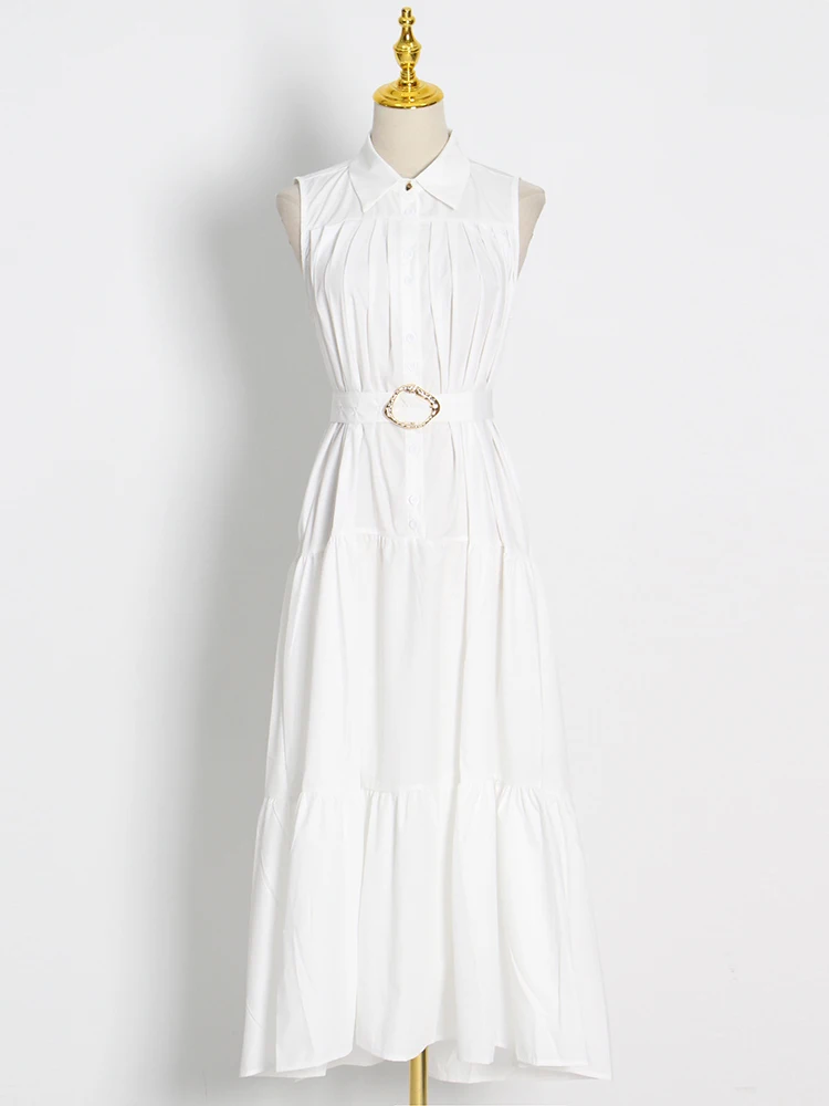 

Casual Vest Belt Sashes Women Long Dress Lapel Sleeveless High Waist Pink &White Color Lady Midi Dresses Clothing