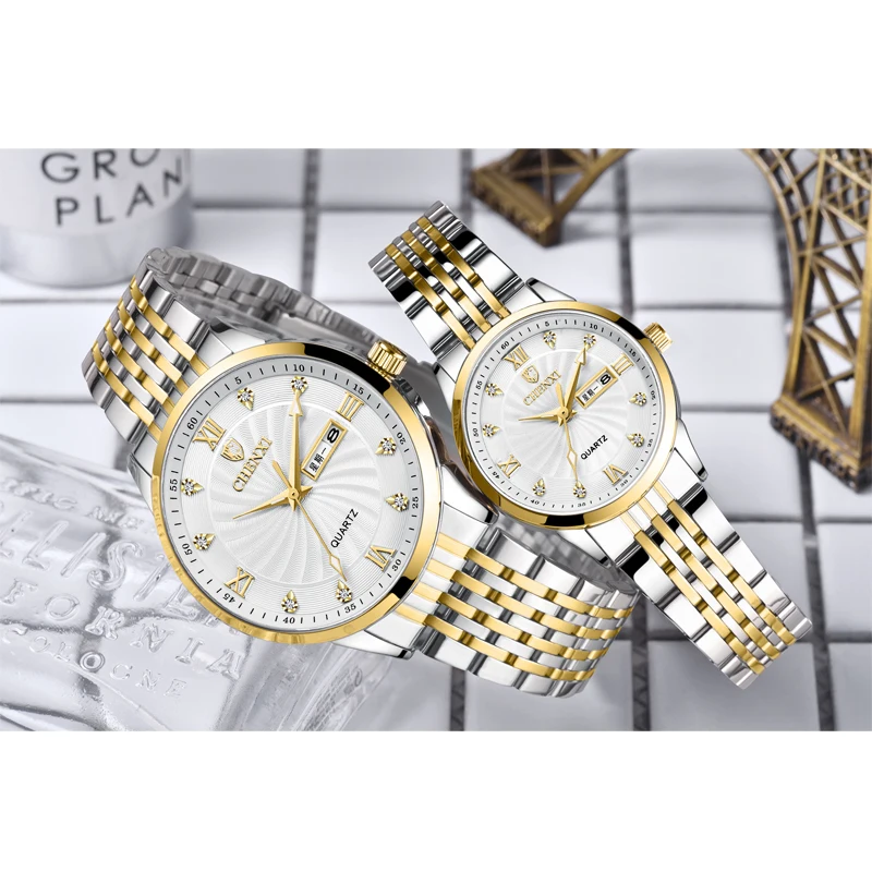 New CHENXI Couple Watch Free Shipping Women And Man Stainless Steel Week Calendar Quartz Wristwatch Business His Hers Watch Sets