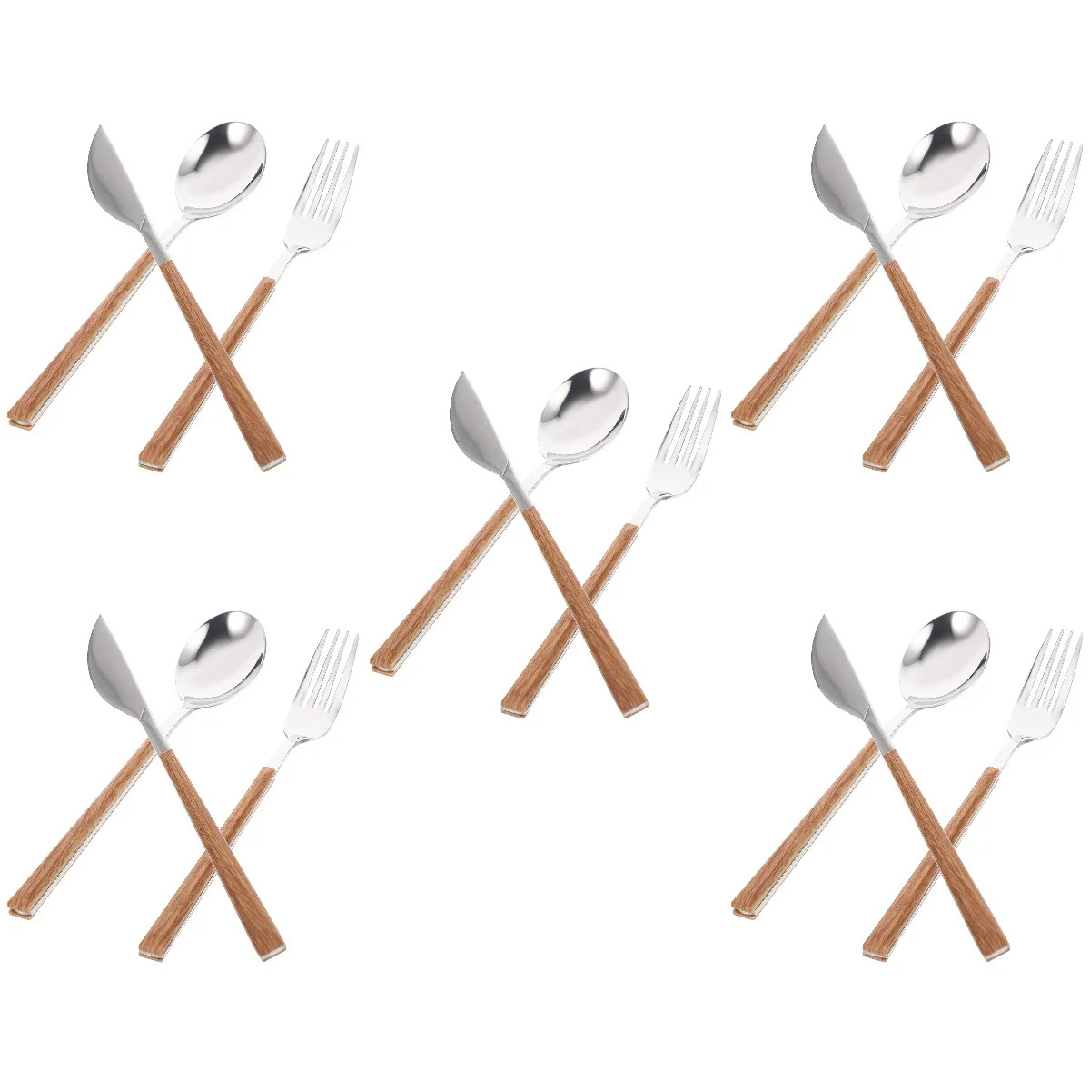 

5 Sets of Stainless Steel Tableware Flatware Wood-like Handle Fork Spoon