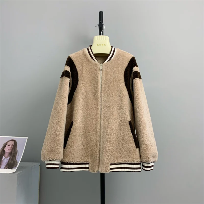 100% genuine wool Color contrast baseball suit, anti season clearance, Korean version, pure lamb wool, sheep shearing coat, wint