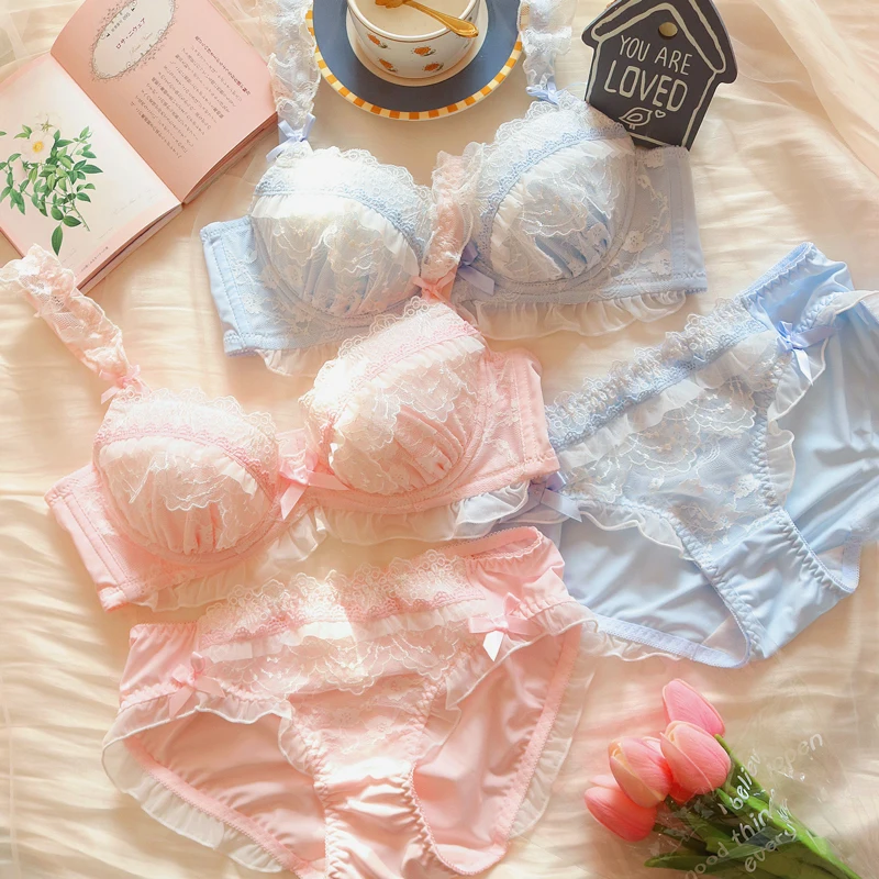 Girls lolita my melody lace bra panty set thin big lingerie steel ring deep V comfortable sweet cute pure bralette brief