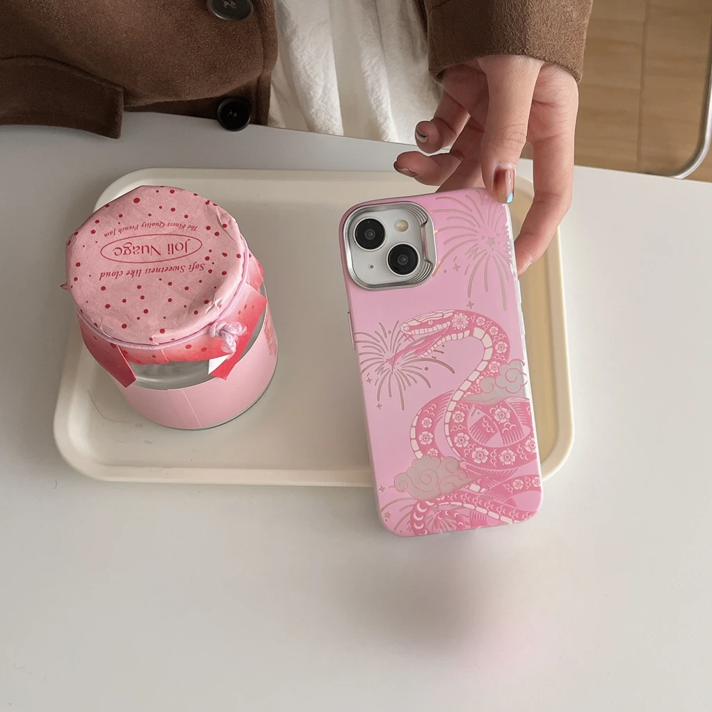 Chinese Style Pink Snake Fireworks Cloud Shockproof Protective Phone Cover Case for iPhone 16 15 14 13 12 Pro Max