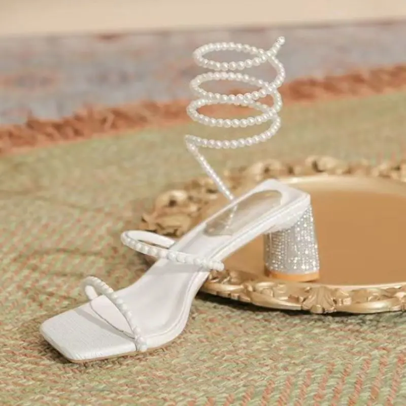 Xibeilove 2023 Summer Women's Wedding Bride Party Shoes Luxury Square Headed Rhinestone Pearl Wrapped Mid Heel Sandals