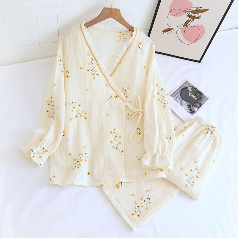 

2022 Crepe Fdfklak Home Female Suit Women's Kimono Clothes V-neck Home Long Pajama Cotton Sleeve Gauze Sleepwear Spring