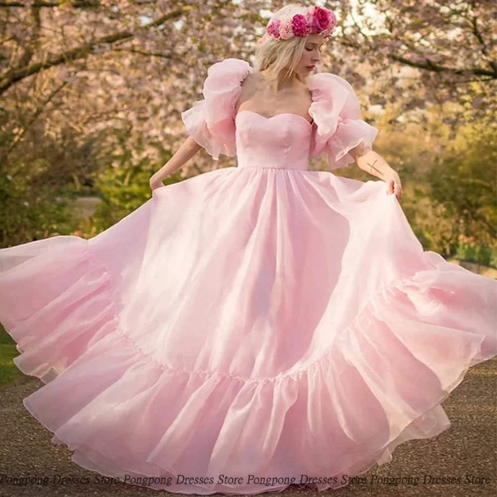 

Exquisite Pink A Line Evening Dresses Strapless Layered Tulle Draped Puff Sleeve Party Glitter Women Dress Vestidos De Fies