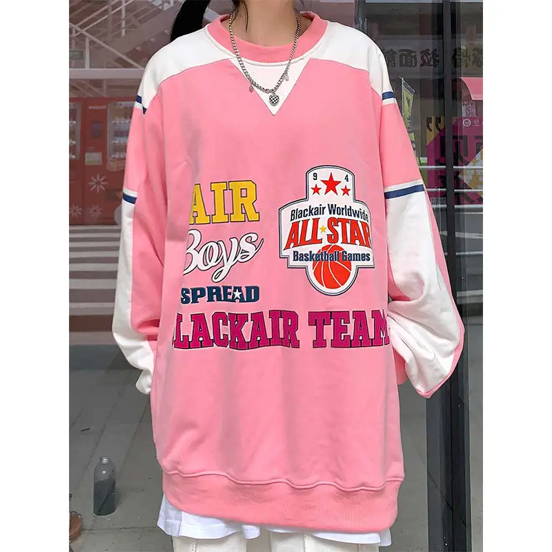 

New Spring Original Y2K Retro Basketball Pink Tops Letter Printing Sweatshirt Women Oversized Clothes Kawaii Girl Korean Fashion