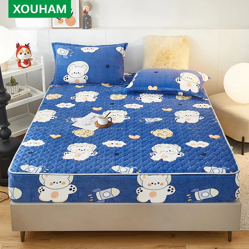 

XOUHAM Milk Velvet Quilted Fitted Sheet Space Bear Printed Fitted Cover Non Fading Bedding 3 PCS (1 Fitted Sheet + 2 Pillowcase)