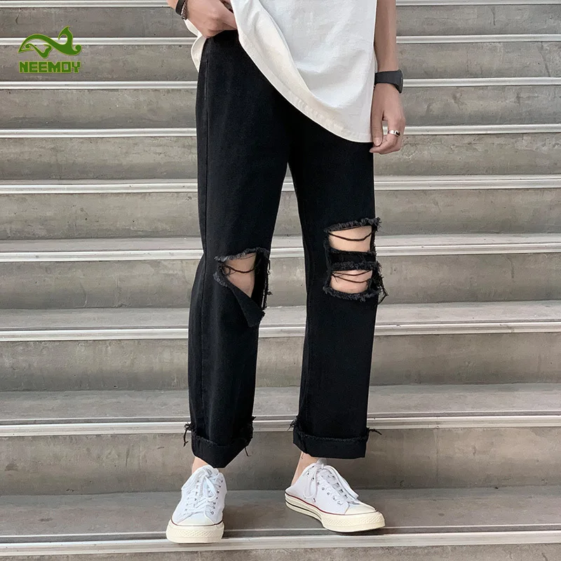 Neemoy 2022 New High Street Jeans Male Ankle-length Tide Brand Hip Hop Casual Pants Summer Straight S-3XL Men's Clothing