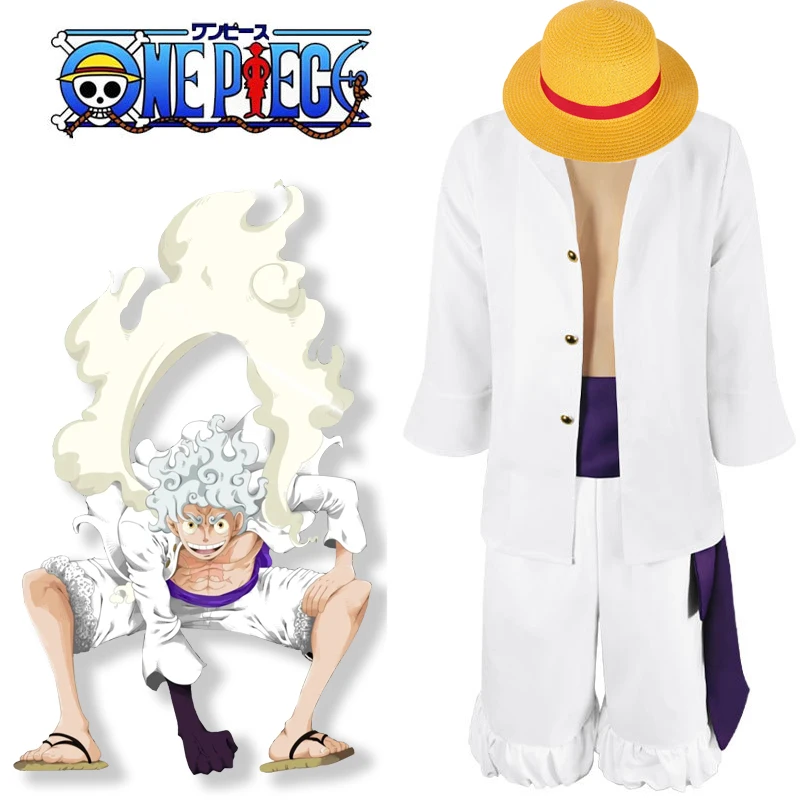 

Anime Nika Luffy Cosplay Costume One Piece Gear5 Sun God Nika Form White Clothing Monkey D Luffy Cap Halloween Costume