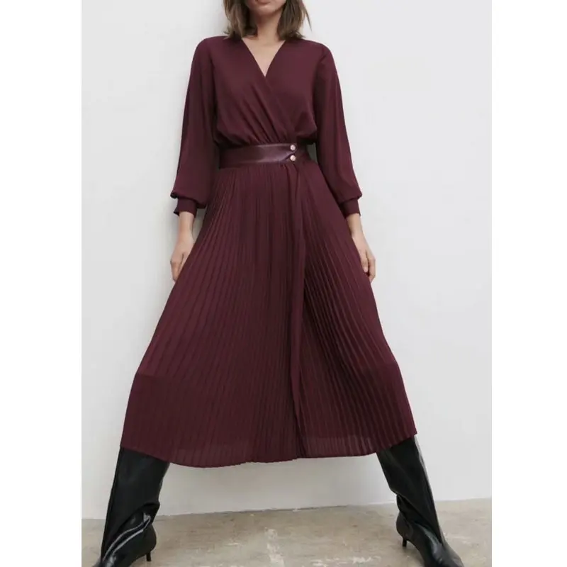 

Женское шифоновое плиссированное платье, элегантное однотонное Бордовое платье составного кроя из искусственной кожи с длинным рукавом и ...