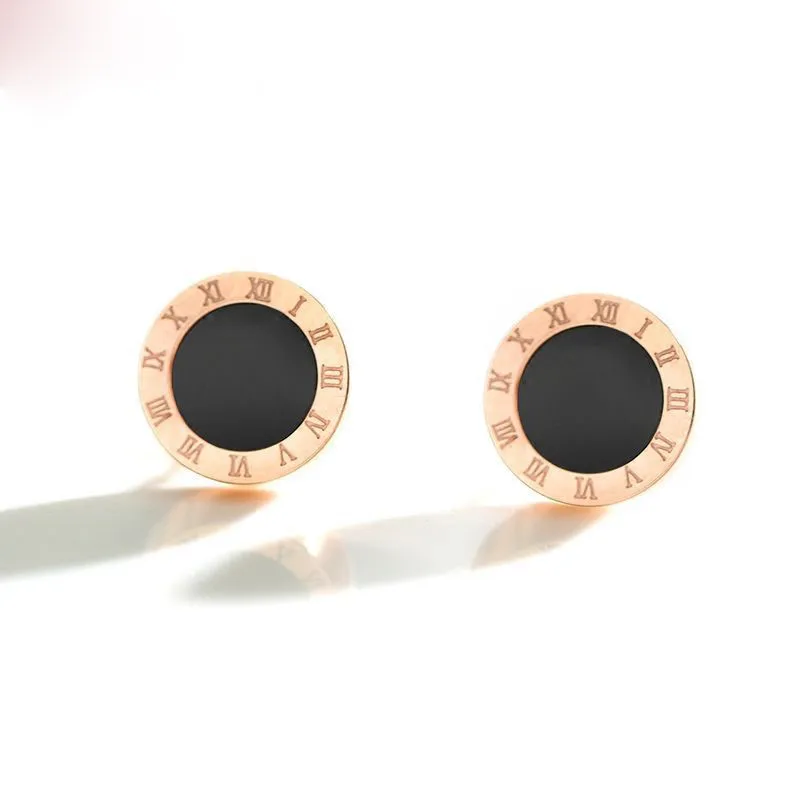 

316L Stainless Simple Titanium Steel Round Roman Numerals Black Shell Geometry Light Luxury Ladies Stud Earrings