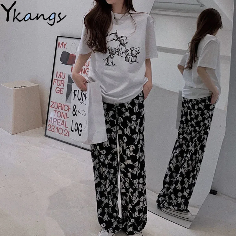 

Summer Korean Harajuku Hip Hop Gothic Pant Suits Women Y2k Cartoon Tie Dye Print T Shirt Fashion Sports Chic 2 Piece Sets Female