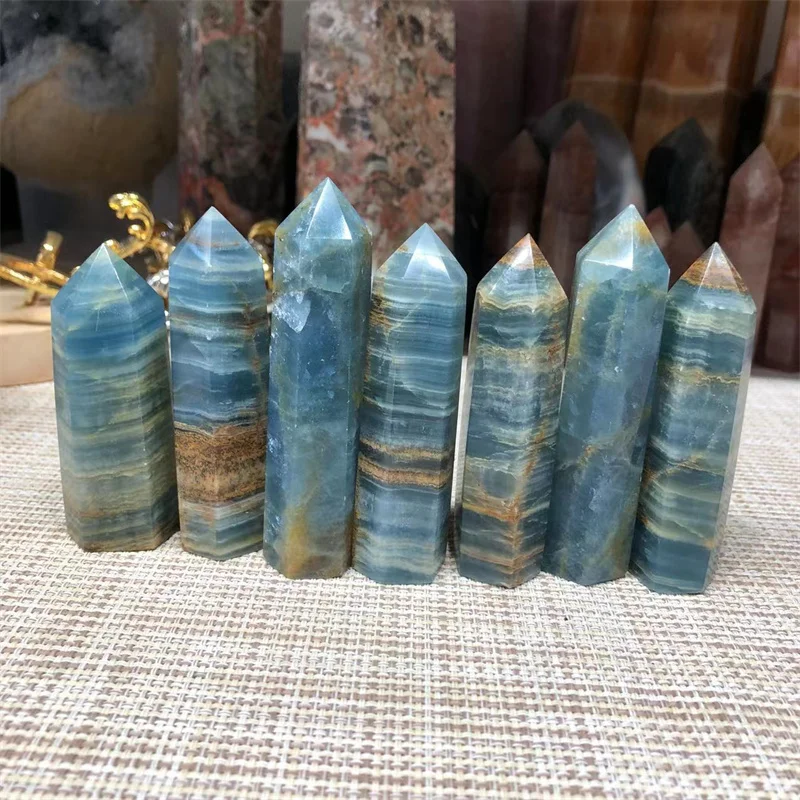 

Blue Onyx Wand Point Natural Stones Polished Quartz Crystal Tower Healing Reiki Gemstones Home Decoration