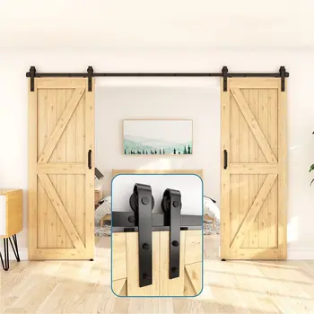 Honccon Traditional Sliding Barn Door Hardware Slides Tracks and Rollers Flat Track Antique Style Use for Double Doors
