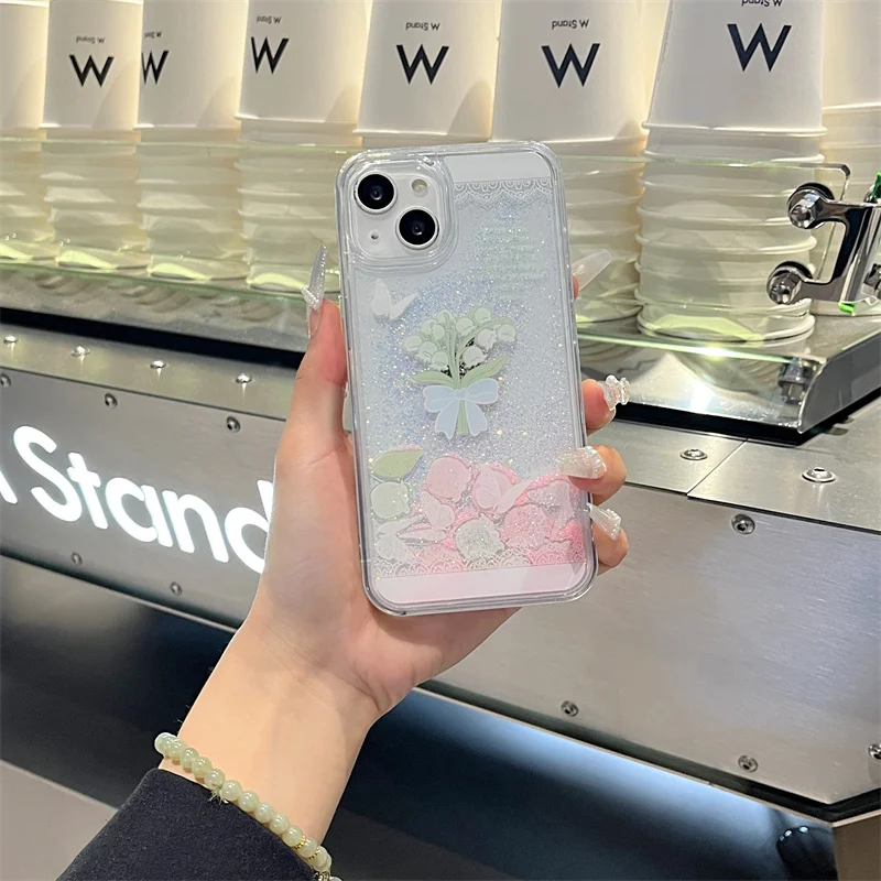 Чехол с цветами и бабочками блестящим зыбучим песком для iPhone 14 15 16 Pro Max чехол