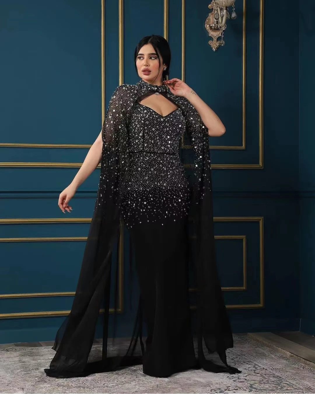 

Однотонное Черное вечернее платье без рукавов с V-образным вырезом, 2023, арабское Тюлевое длинное кружевное платье в пол, новое мусульманское платье для выпускного вечера, стандартное платье, накидка