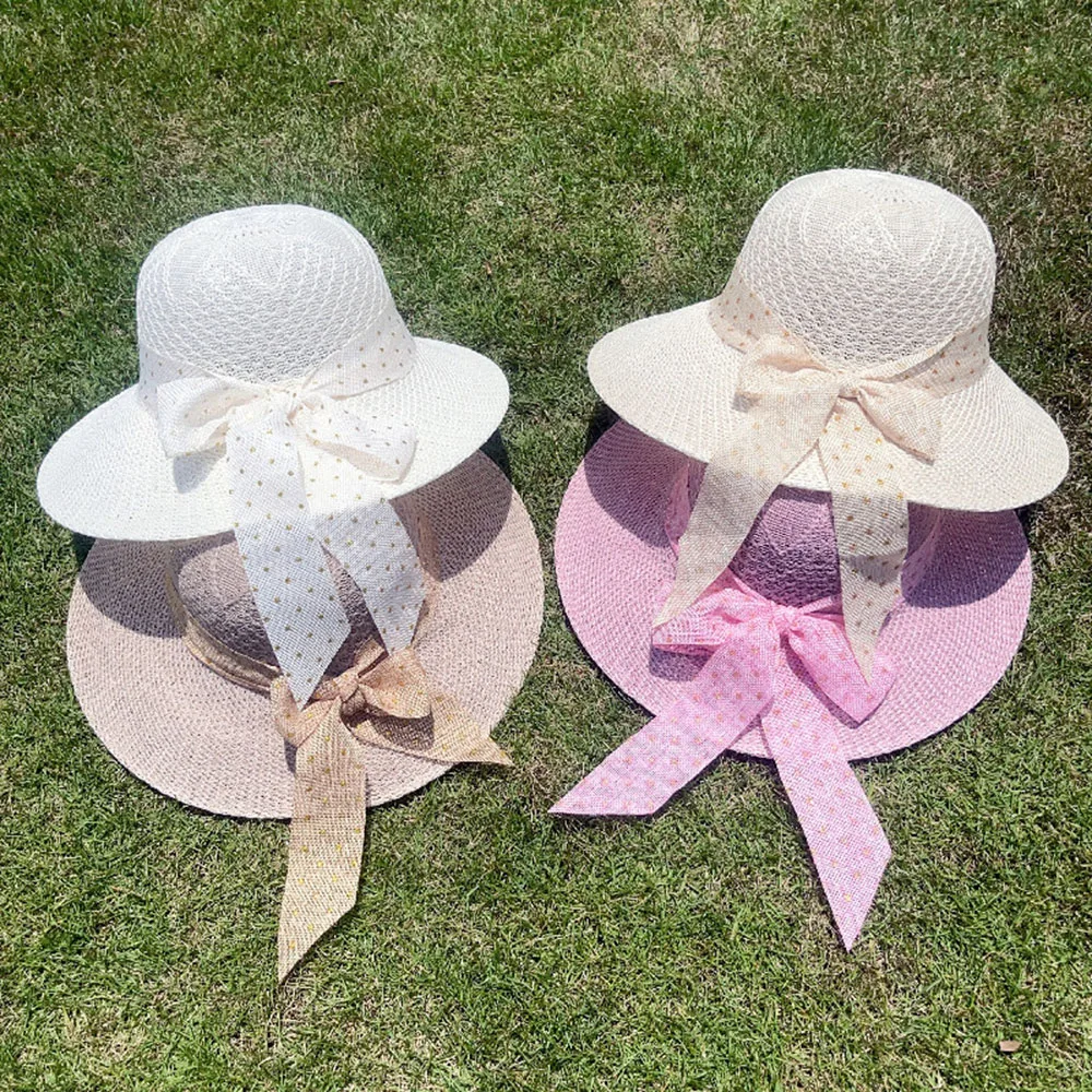 

Summer Girls Sun Hats Wide Brim Big Bow Straw Hat With Ribbon Outdoor Sun Protection Women Hats Soild Color Ladies Panama Caps