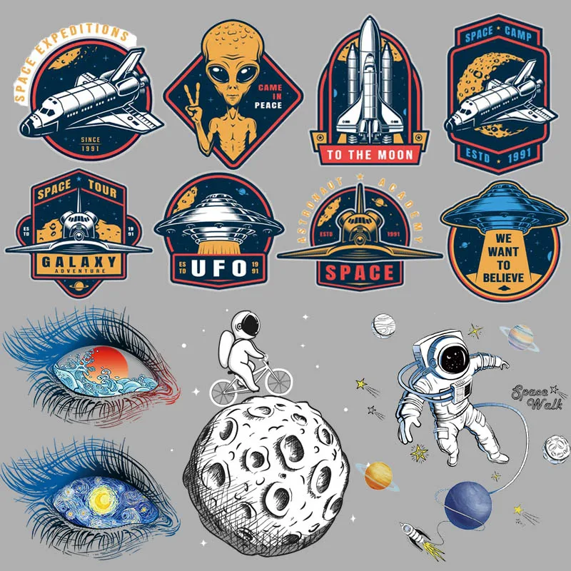 

Space UFO Heat Transfers Thermal Astronaut/Rocket/Alien Thermal Patches For Clothing DIY Stickers Iron On Patch Ironing Applique