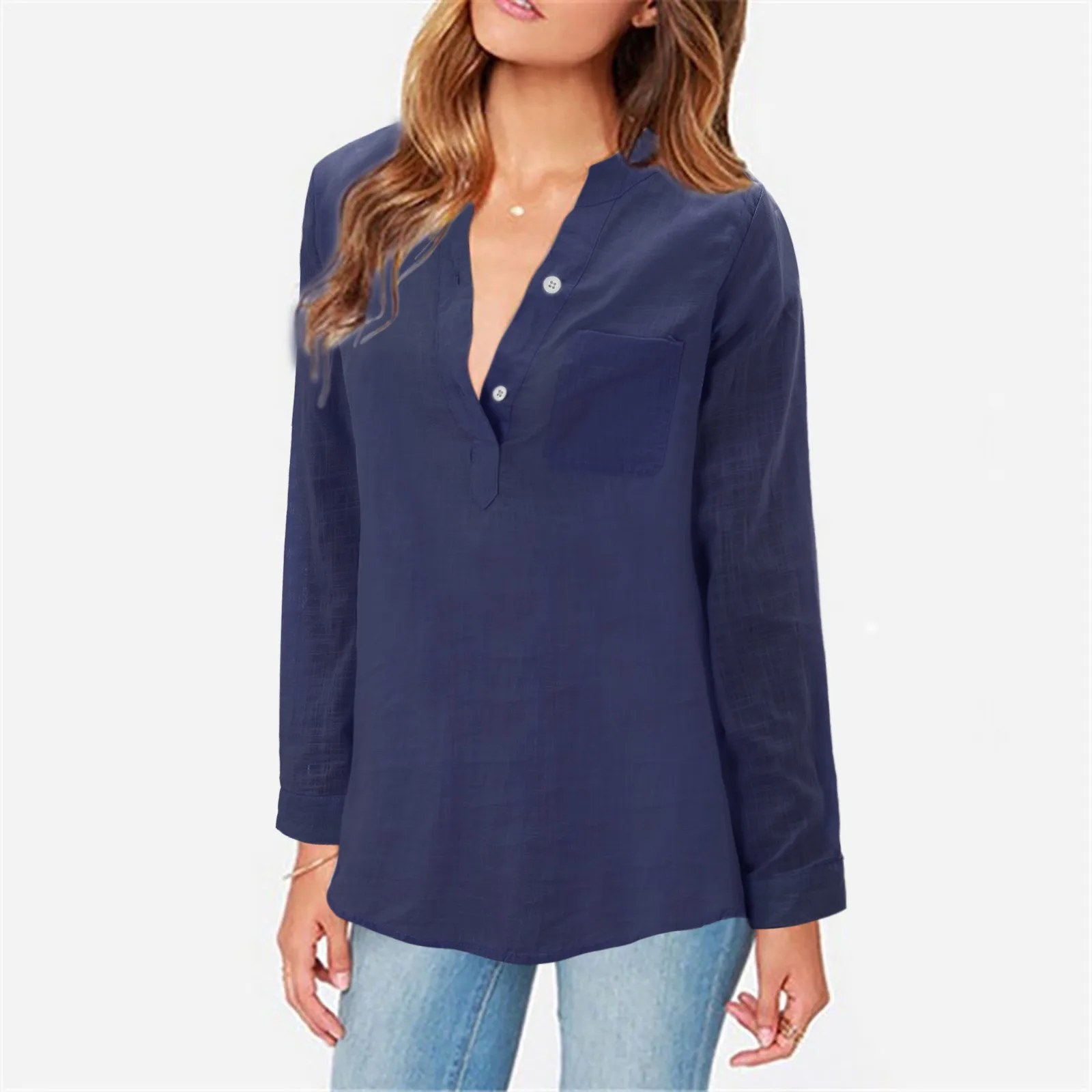 

Women Blue Tops And Blouses Stand Collar Long Sleeve Casual Loose Tunic Tops Shirt Blouse Women's Clothing Camisas Mujer Verano