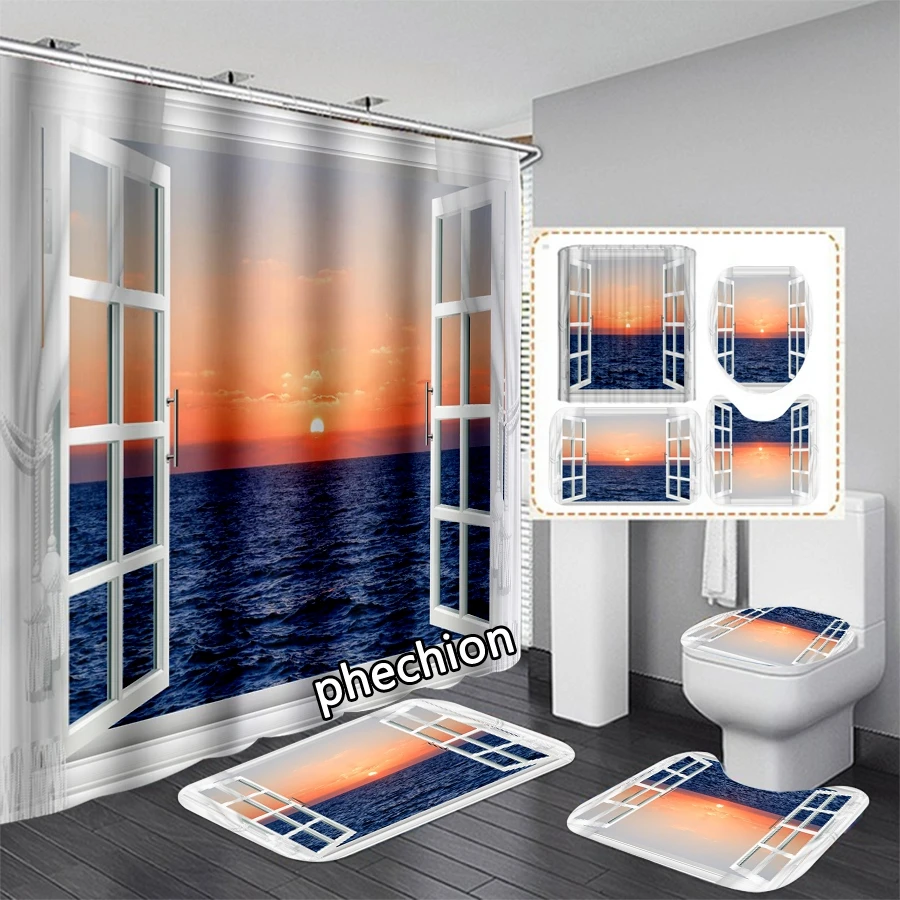 

Занавеска для душа и пляжа Phechion с 3D принтом, водонепроницаемая занавеска для ванной, комплект Противоскользящих ковриков для ванной, коврики для туалета VR230
