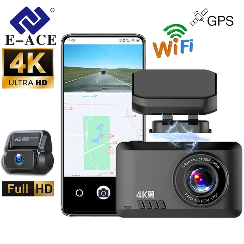 E-ACE 2160P Dash Cam For Cars GPS WiFi Front And Rear 4K Das