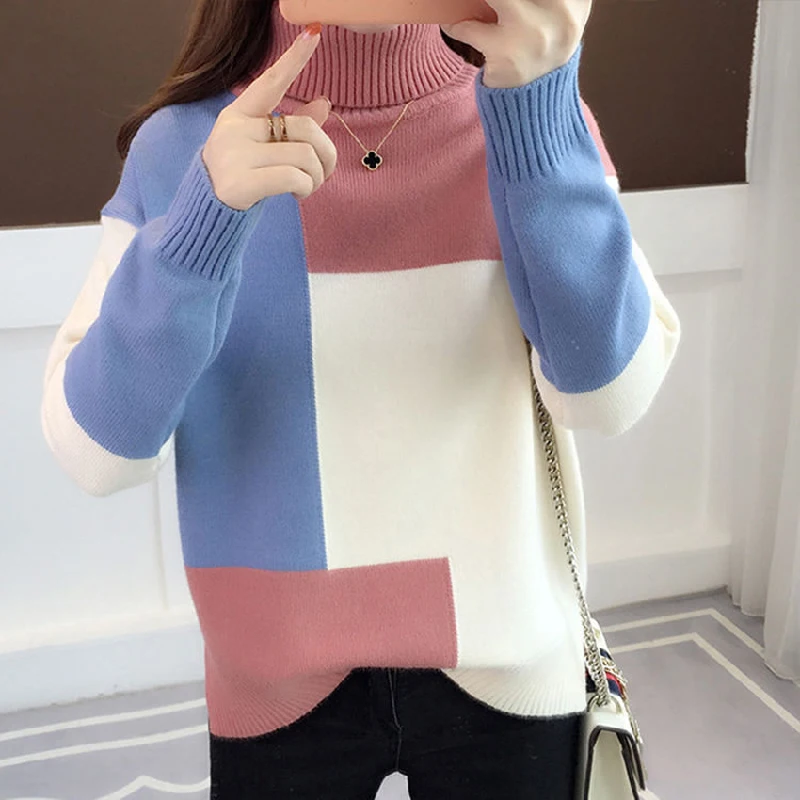

Patchwork Women Pullover Sweater Autumn Loose O Neck Long Sleeve Knitted Thick Korean Fashion Female Jumper Sweater Top