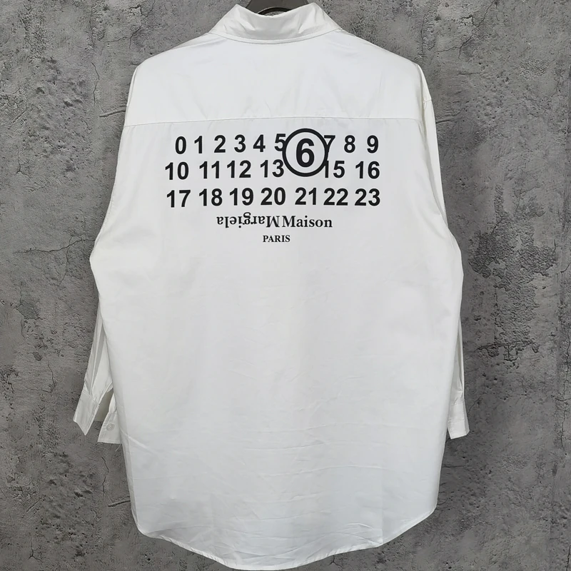 

Classic White Mm6 Margiela Shirt Fashion American High Street Print Lapel Shirt Four-cornered Embroidery Long Sleeves Men Women
