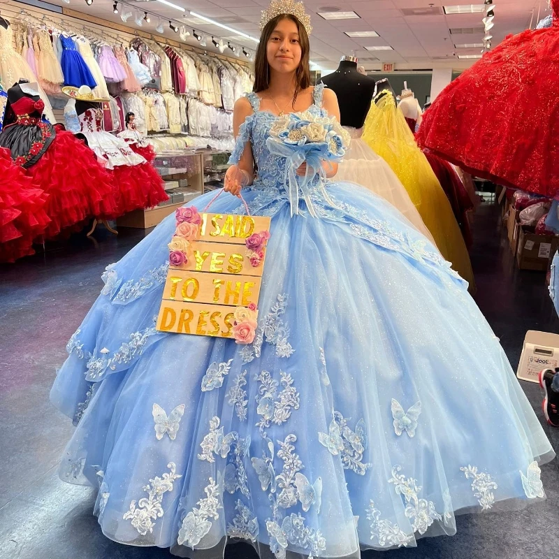 

Sky Blue Sweetheart Ball Gown Quinceanera Dresses Vestidos De 15 Anos Fashion Applique Bow Tulle Sweet 16 Princess Party Gown