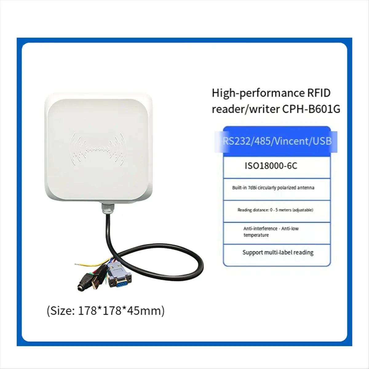 Фото A10I UHF RFID-считыватель Большой радиус действия 0–5 м Интерфейсы RS232/485/Wiegand26 Встроенная антенна 7 дБи Поддержка мульти-тегов чтения №4
