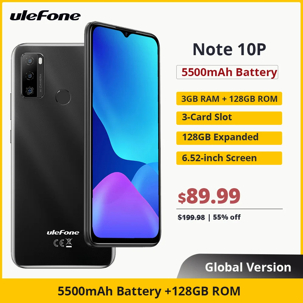 Смартфон Ulefone Android Note 10P, 128 ГБ ПЗУ, 6,52 дюйма, 4G, 5500 мАч, идентификатор отпечатка пальца, разблокировка лица, OTG, 3 слота для карт