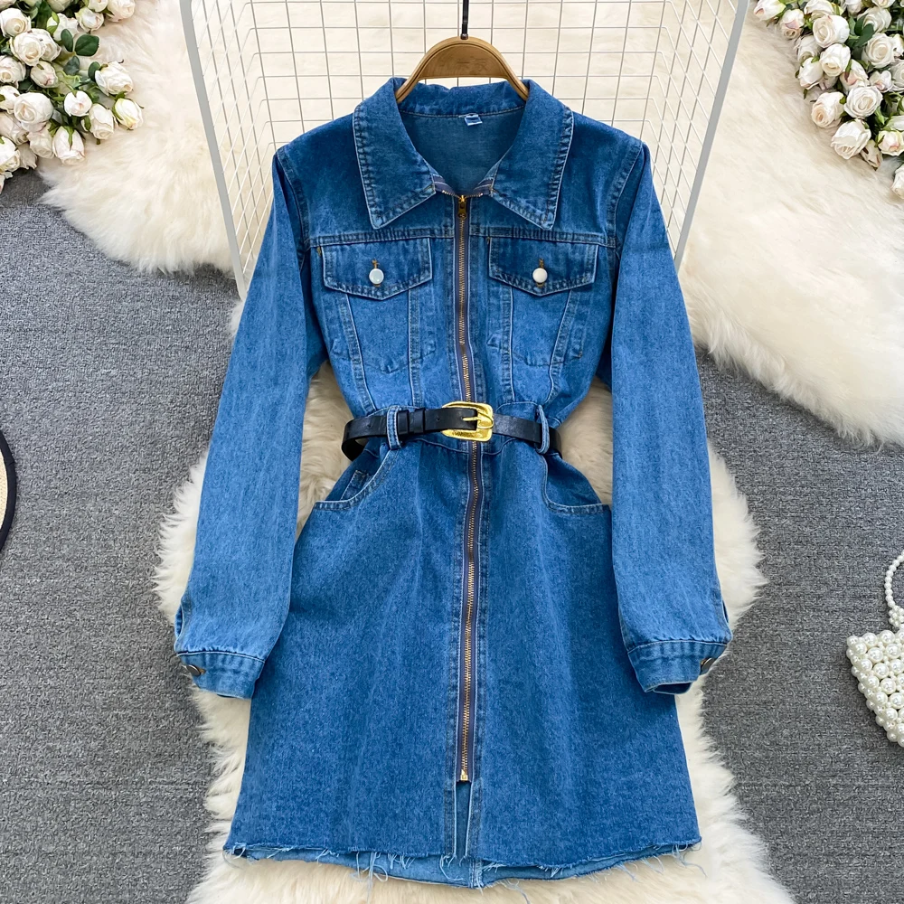 

2022 Autumn Retro Denim Dress Women Temperament Turn Down Collar Puff Long Sleeve Zipper Slim A-line Dresses with Belt