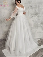 wedding gown for bride 2022 plus size full sleeve ivory lace applique beaded glitter tulle ball gown bridal dresses floor length