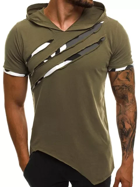 

NEW IN Fashion Brand New Men's Hooded T-shirt Broken Copper Camouflage Personalized Fitness Pleated Short Sleeve T-shirt