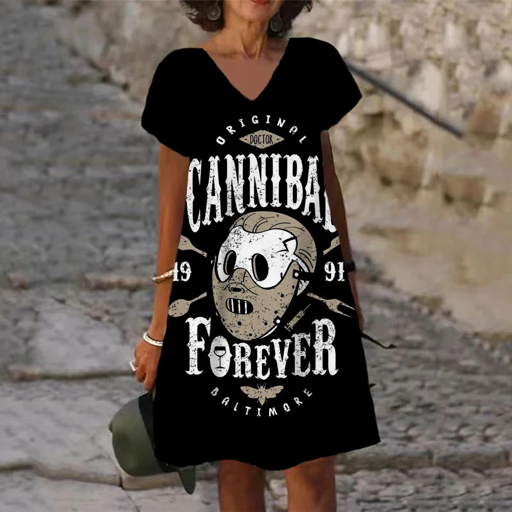 

Women 2022 Summer New Skull Print Fashion Casual Short Sleeveless Mini Dress Hole V-neck Vest Punk Plus Size Loose Y2k Dresses