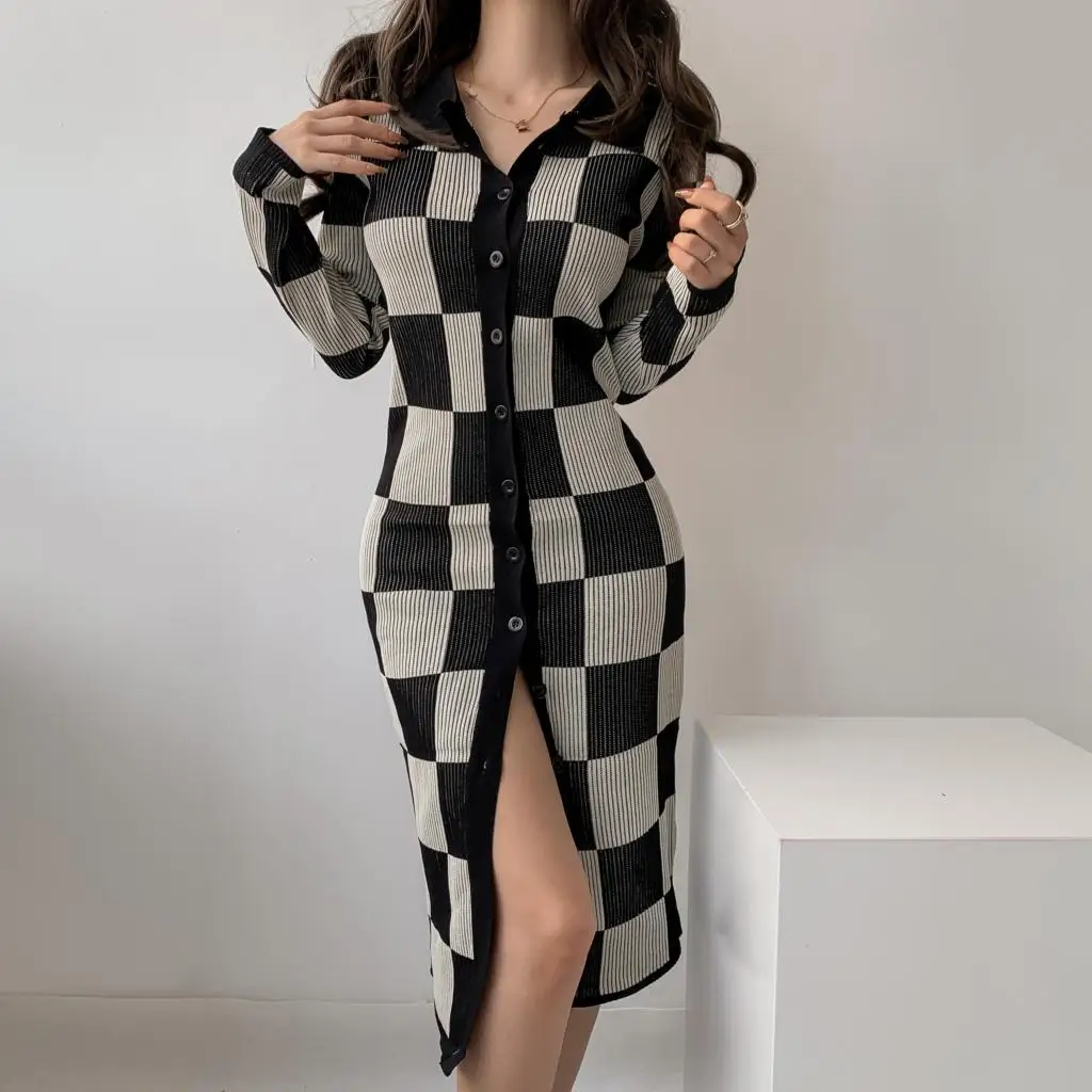 

Knitted Long Sleeve Polo Plaid Slim Pencil Dresses for Women Evening Party Sexy Split Sweater Bodycon Dress Autumn Winter 2022