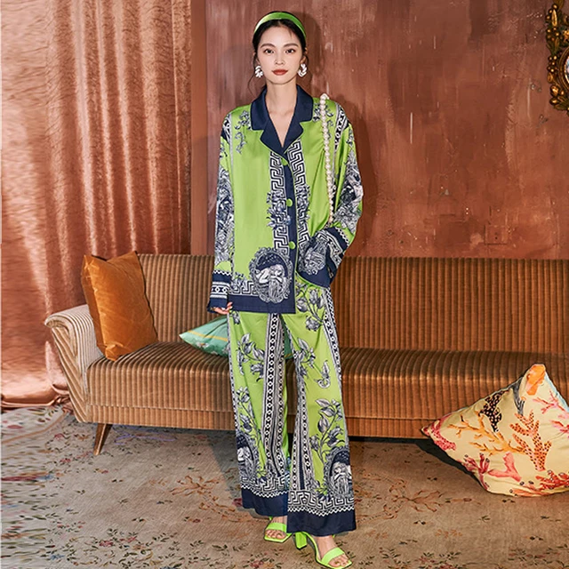 New Spring Women Satin Pajamas Set Long Sleeve Female Sleepwear 2 Pieces Pajama Sets Silk Pijama Lotus Print Pyjama Homewear