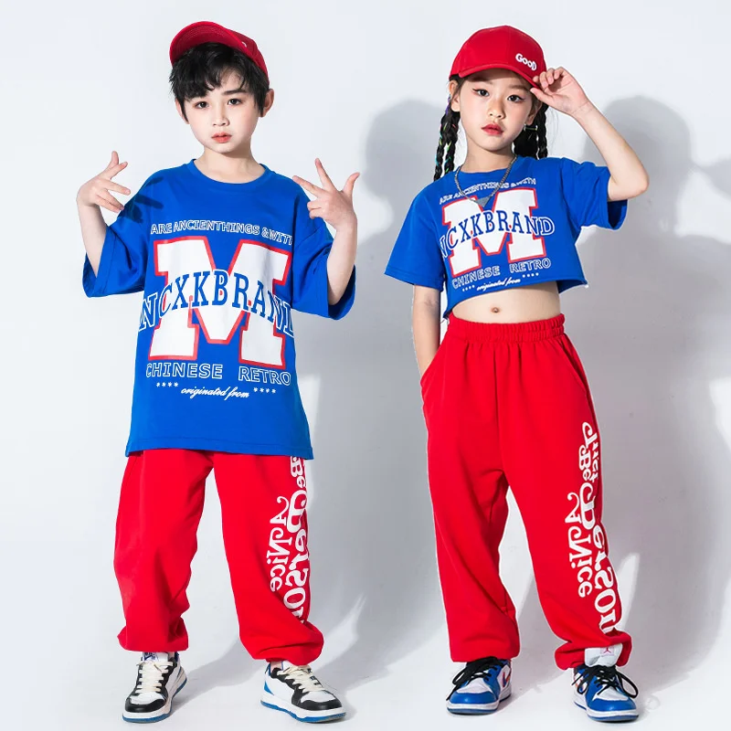 

Children's street dance trendy clothes, girls' Navel exposed jazz performance clothes, boys' hiphop short sleeve suit, group