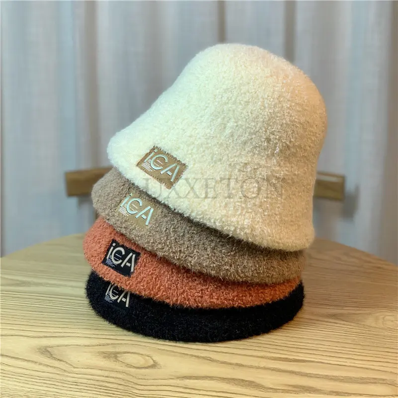 

New Style Winter Japanese Grain Fleece Bucket Hat Female Beanie Rabbit Rur Fisherman Hat Women Warm Wool Panama Hat